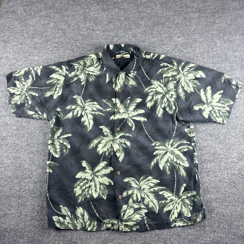 Tommy Bahama Shirt Men L Gray Silk Hawaiian Palm Tree Short Sleeve Button Up
